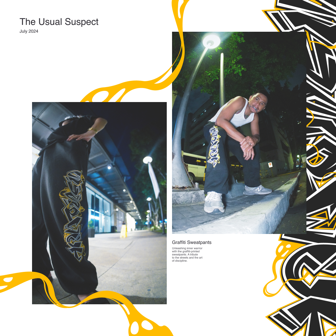 Promotional graphic for 'Graffiti Sweatpants' with a person wearing them, set against a stylized background.