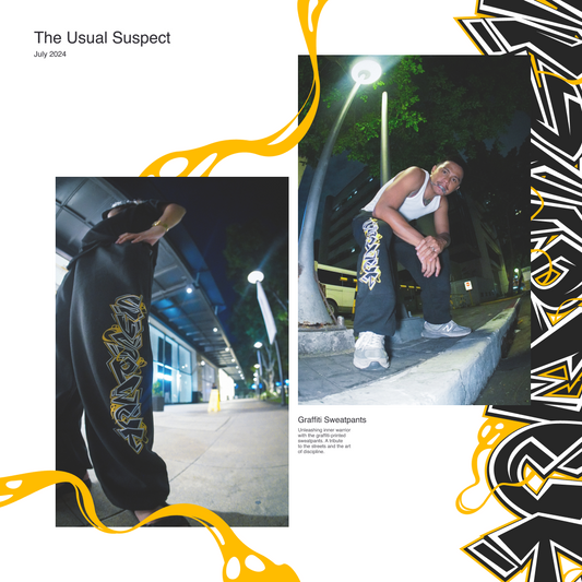Promotional graphic for 'Graffiti Sweatpants' with a person wearing them, set against a stylized background.